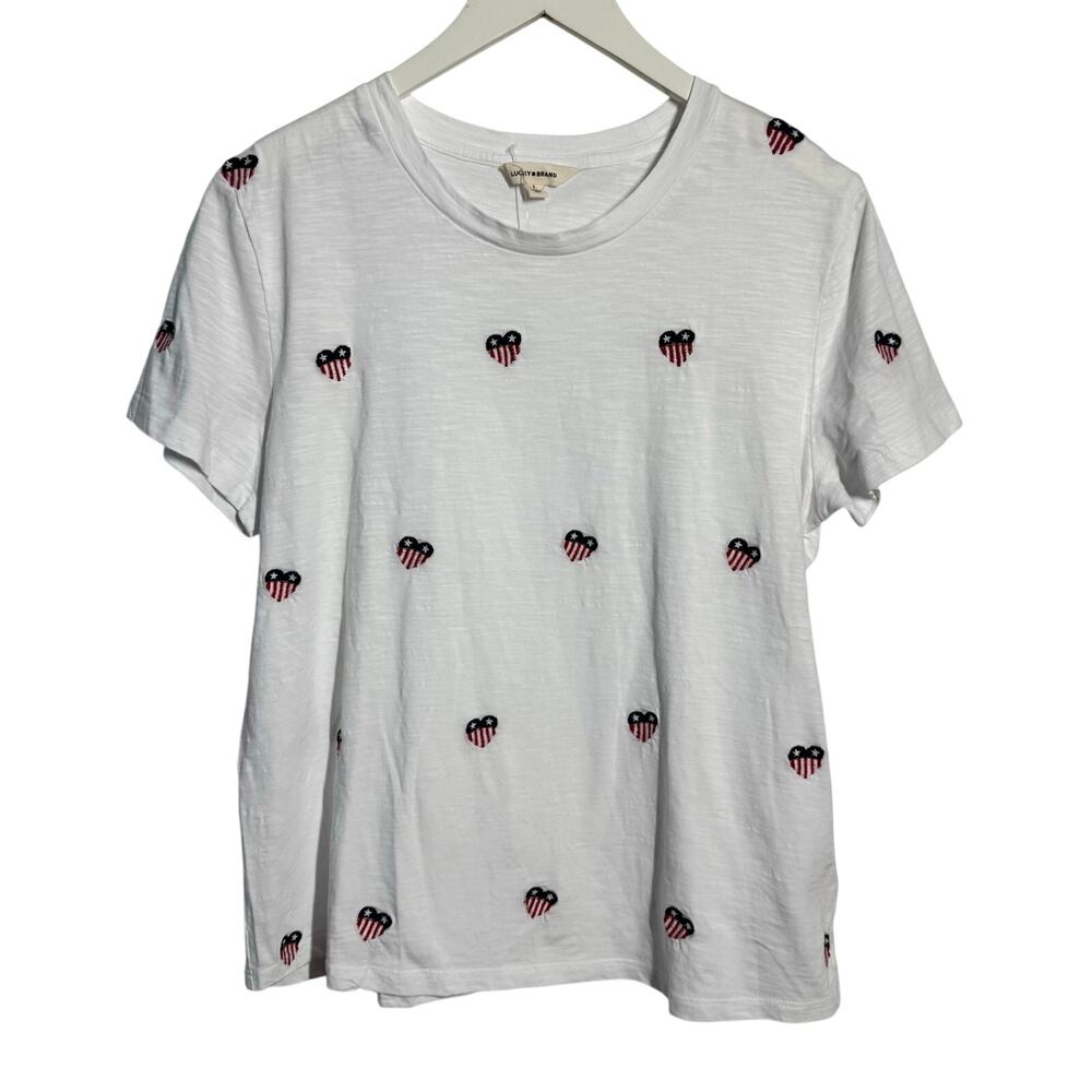 Lucky Brand American Flag Heart Embroidered TShirt Top Women L America Patriotic